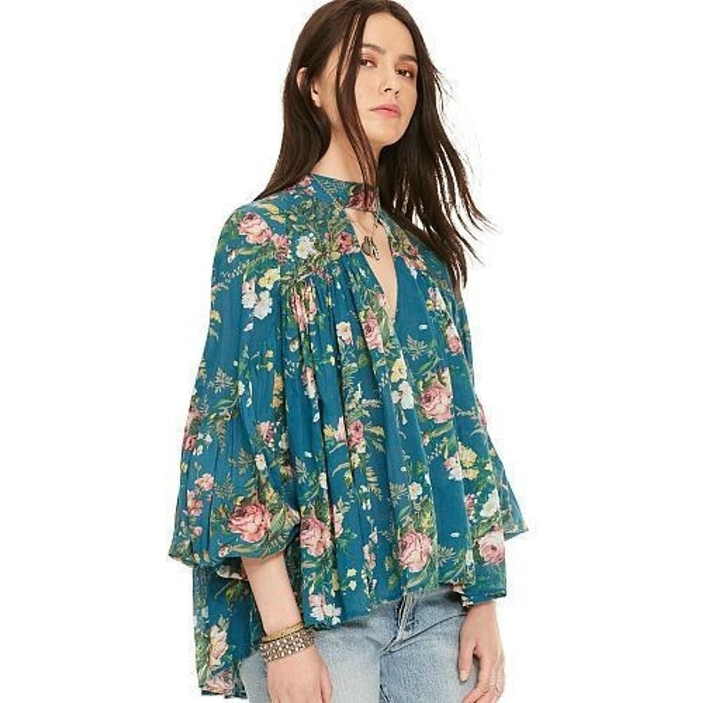 Denim & Supply Ralph Lauren Gauzy Blue Floral Keyhole Blouse XS